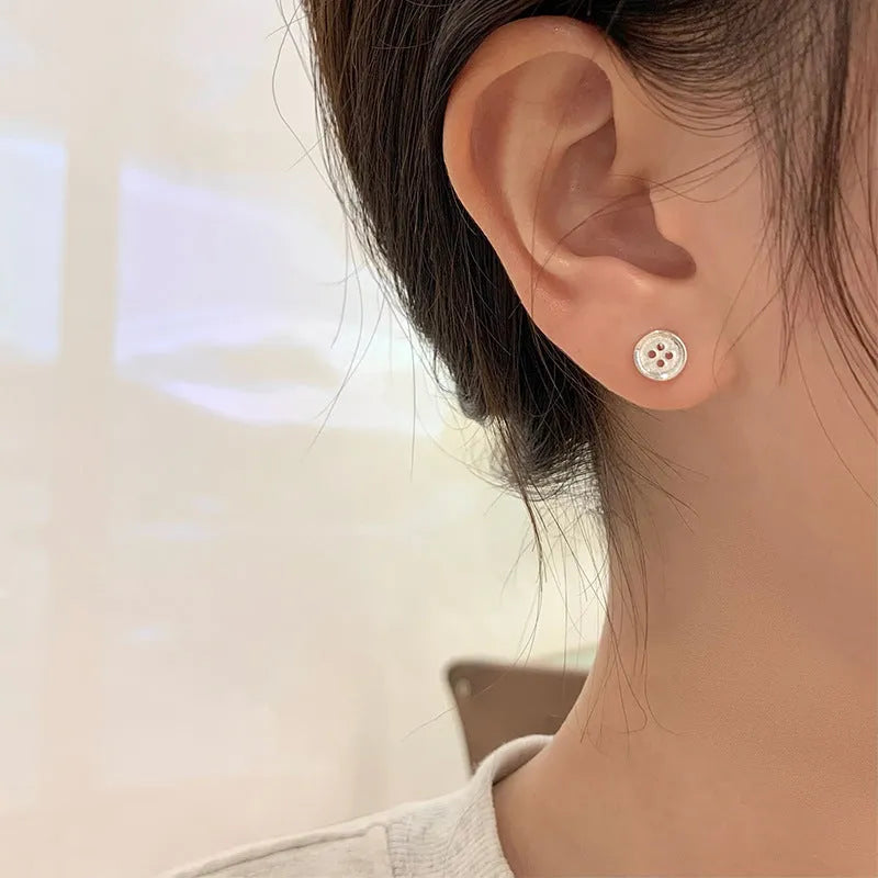Gold plated silver needle geometric button stud earrings for women