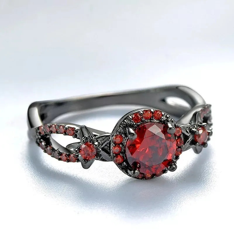 Black gold plated wave shaped ring with red zircon stone on copper band for women Korean style