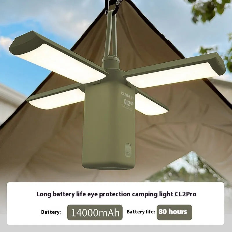 Green and white rechargeable campsite lamp with LED light for outdoor camping use