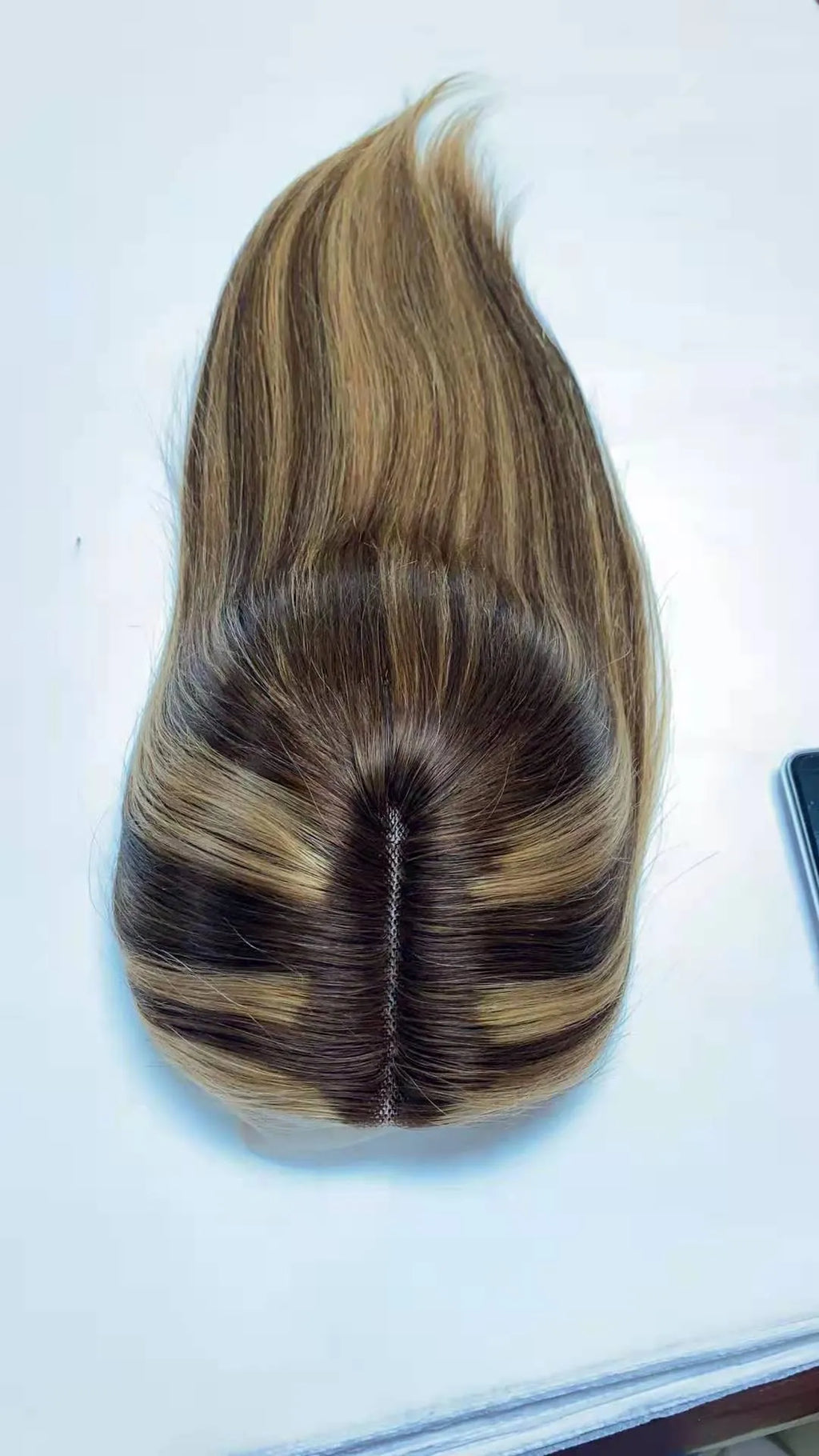 Front lace human hair headgear wig in 4/27 colour with T-shaped hand-woven base, 150 density, 16 inch length