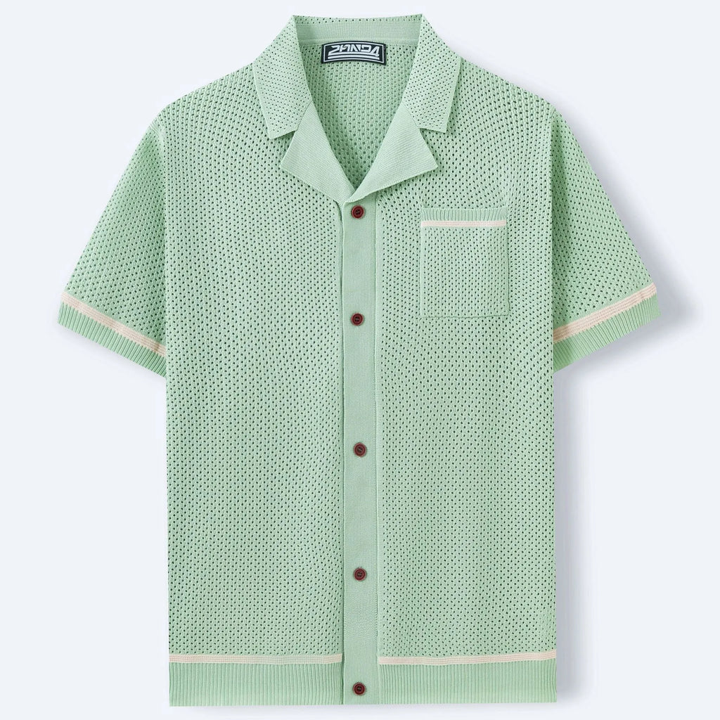 Men's Cuban collar short sleeve polo shirt in blue featuring flocking texture detail, regular fit, Tencel viscose fabric