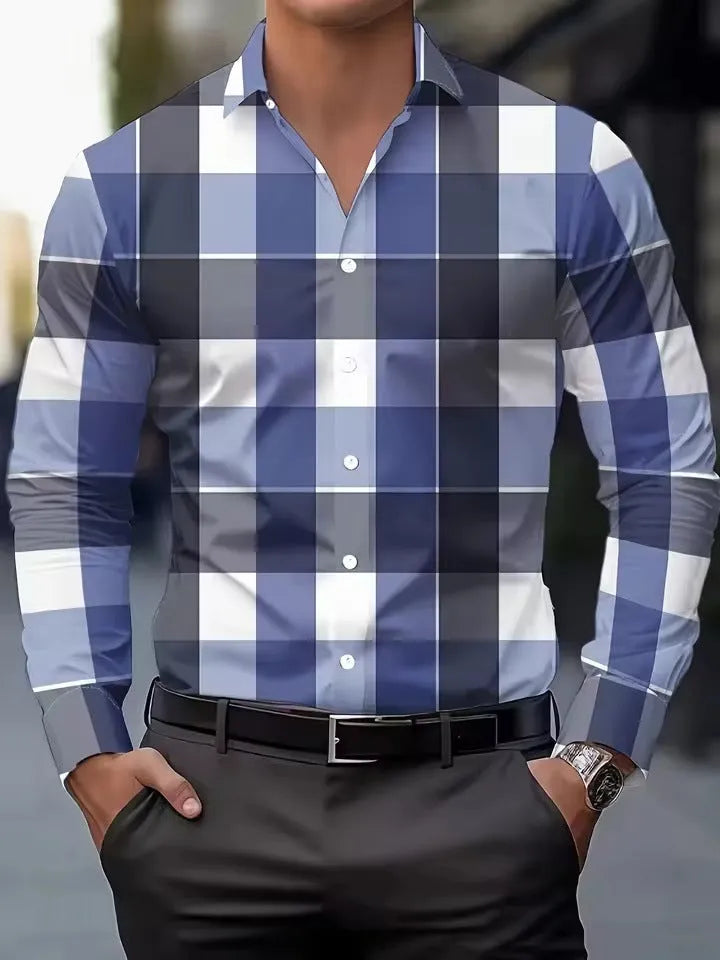 Men's striped long sleeve button-up shirt with lapel collar in multiple colour options