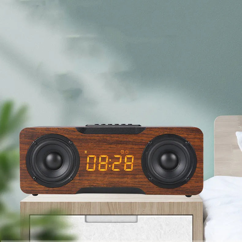 Wooden clock Bluetooth speaker with digital display in brown finish, showing clock face and speaker grille
