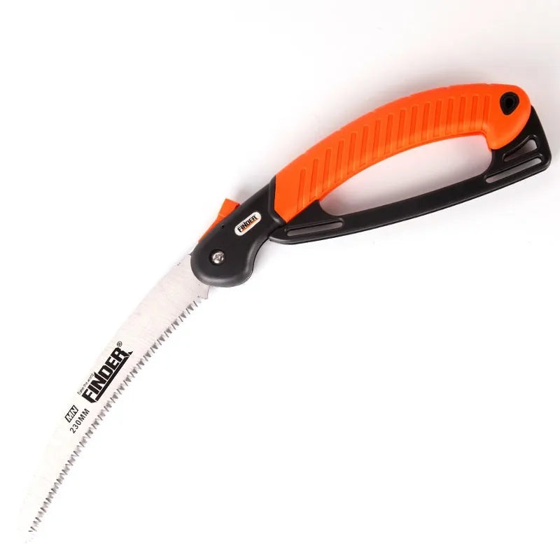A folding hand saw with a 230mm blade and TPR handle, shown closed and open.