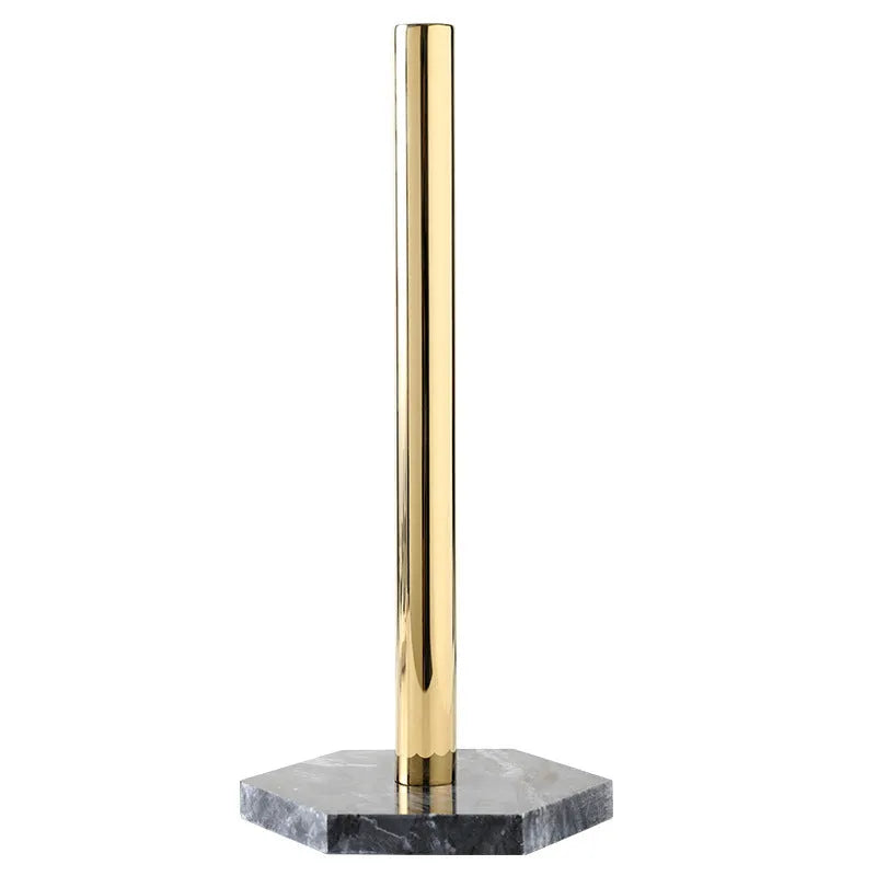 Marble kitchen roll holder with stainless steel gilded finish on kitchen countertop