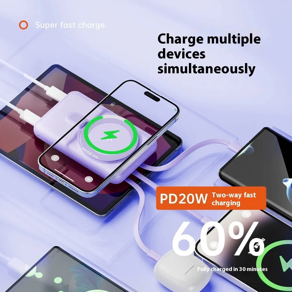 Magnetic wireless power bank with 10000mAh plastic shell in dark blue, purple, and white colours showing compact size