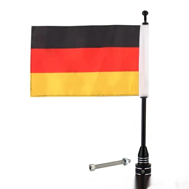Motorcycle tail box side bumper flagpole in black and silver finishes