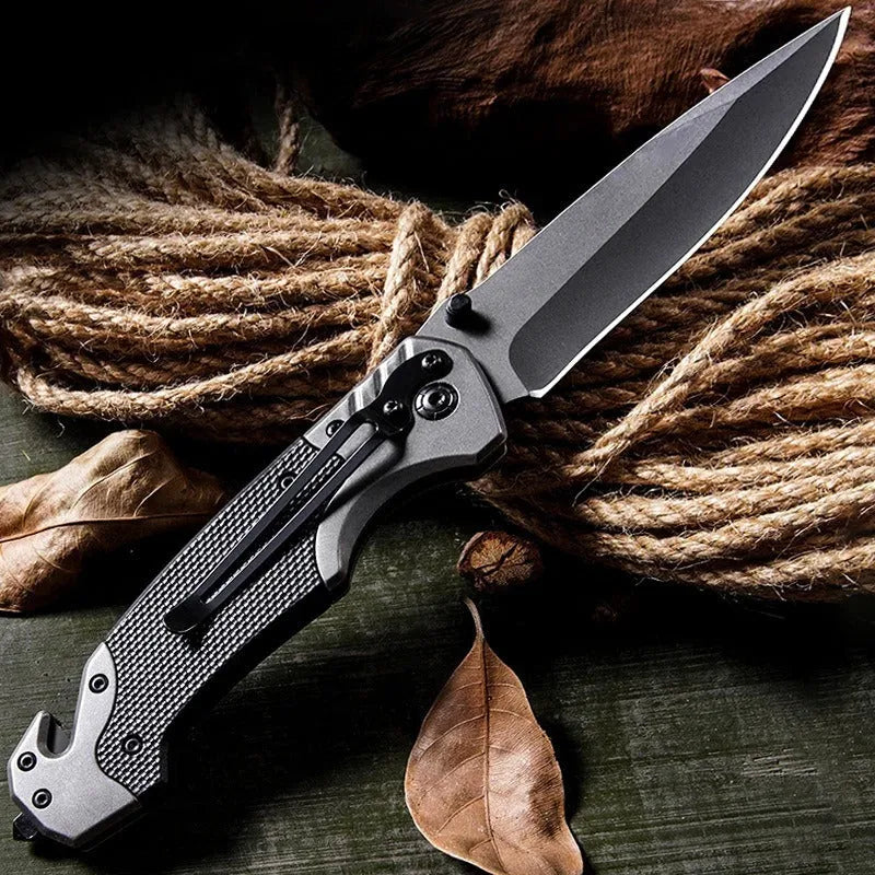 Alloy folding pocket knife with extended blade showing 60-degree tip angle