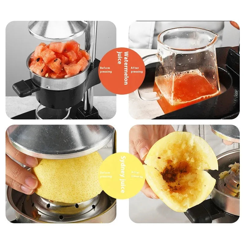 Black cast iron manual citrus juicer with stainless steel strainer, 40cm height