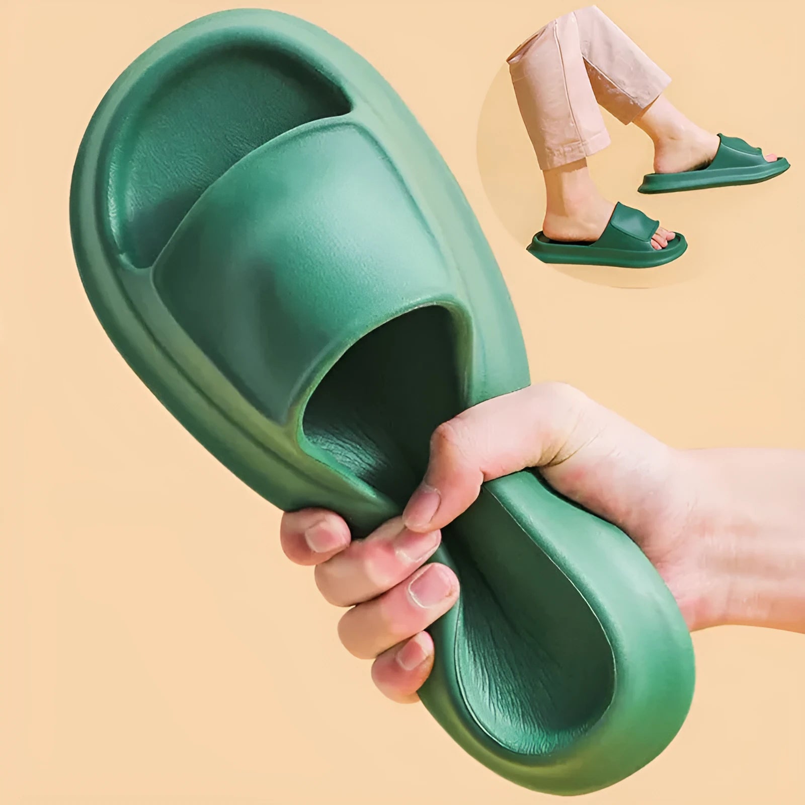 Pair of thick-soled EVA flip-flop slippers in a chosen colour on a plain background.