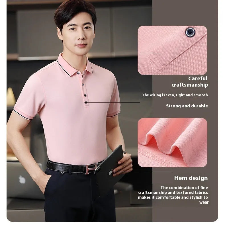 Short-sleeved beautician polo shirt with asymmetric colour panels in cool silk cotton fabric