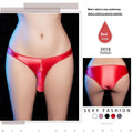 Men's low waist shiny nylon briefs with a T-back strap design, shown in black colour.