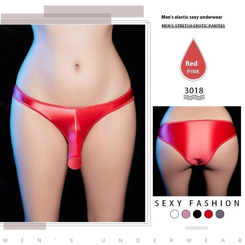 Men's low waist shiny nylon briefs with a T-back strap design, shown in black colour.
