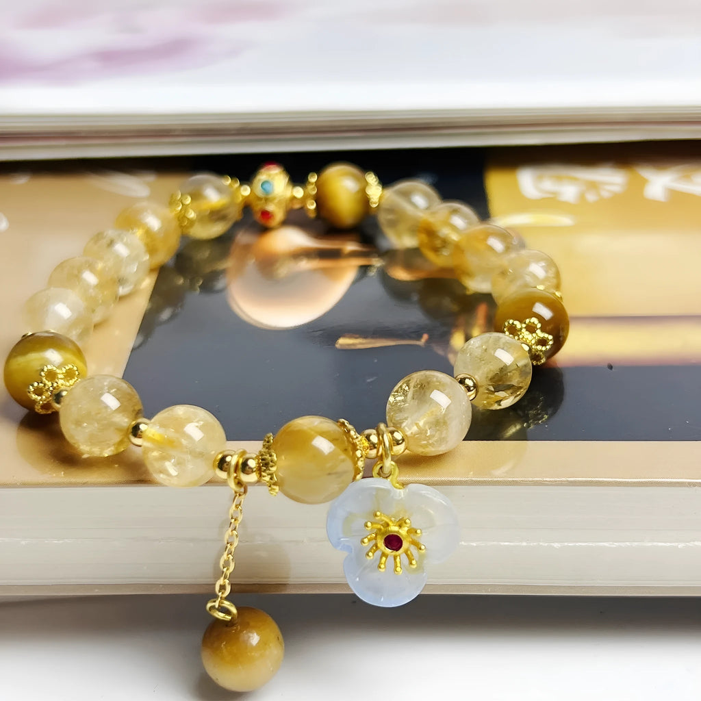 Handmade citrine crystal bracelet with flower tassel detail for women