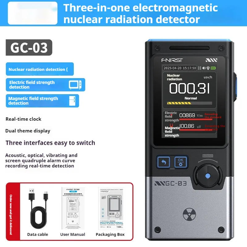FNIRSI GC-03 black electromagnetic nuclear radiation detector with colour screen and Geiger tube