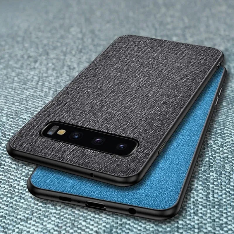 Canvas patterned mobile phone case for Samsung Galaxy models on a table.
