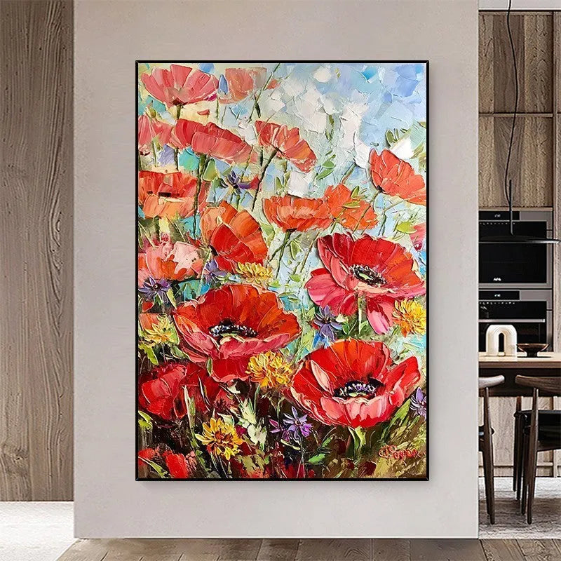 Handmade thick oil red flowers modern canvas wall art unframed