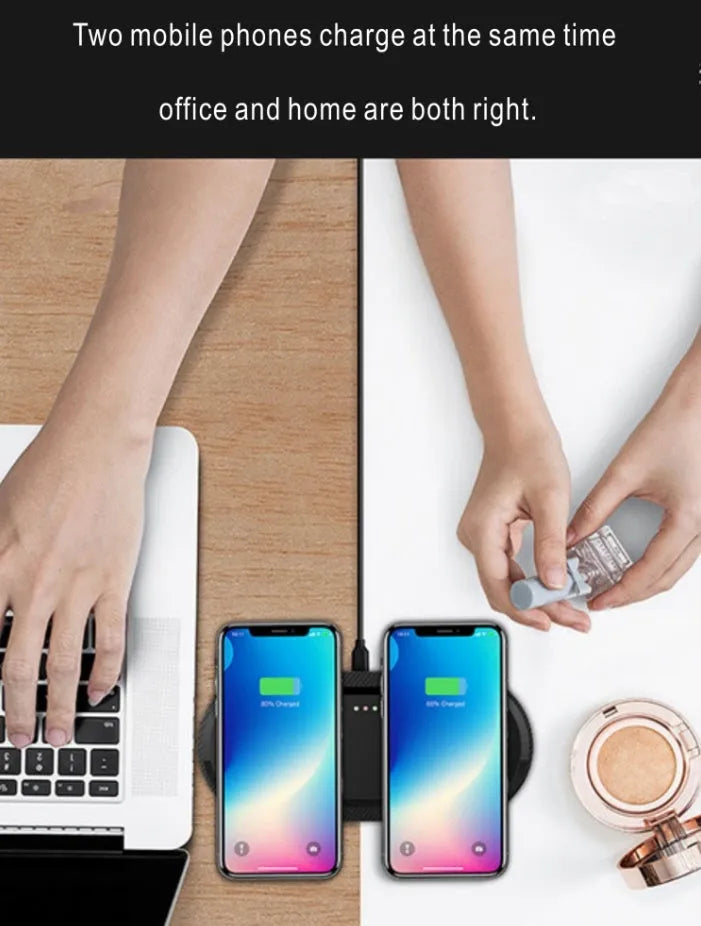 Black and white dual wireless charging pad charging two smartphones simultaneously
