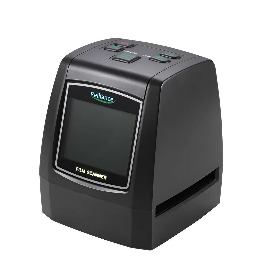 14 megapixel film scanner with 2.4 inch LCD screen showing a slide preview with USB cable