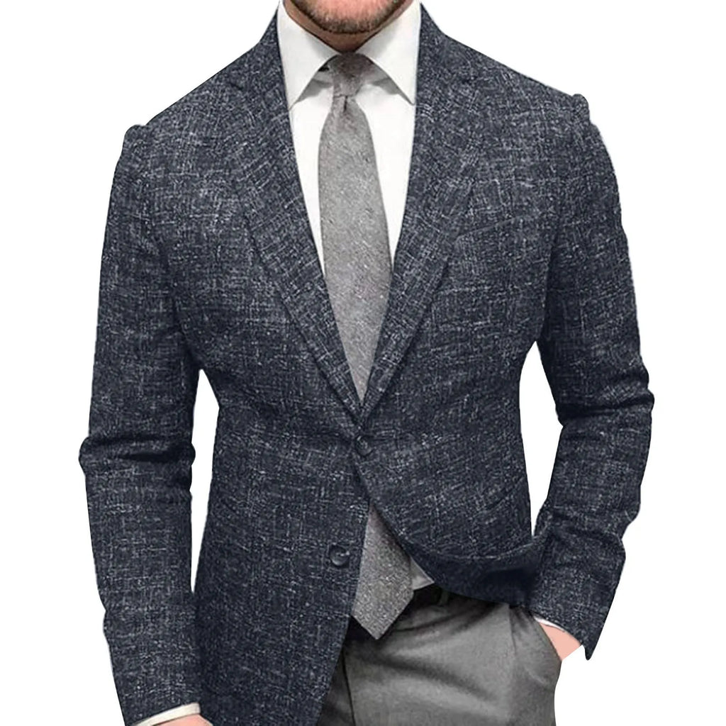 Men's slim fit plaid suit coat in blue plaid with lapel collar and long sleeves for business wear