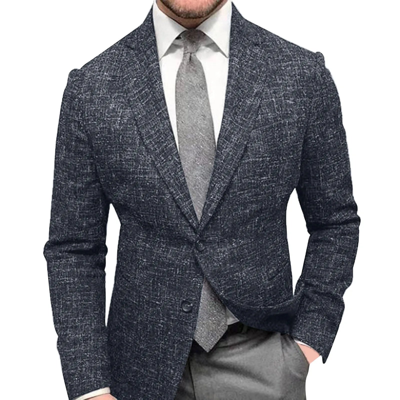 Men's slim fit plaid suit coat in blue plaid with lapel collar and long sleeves for business wear