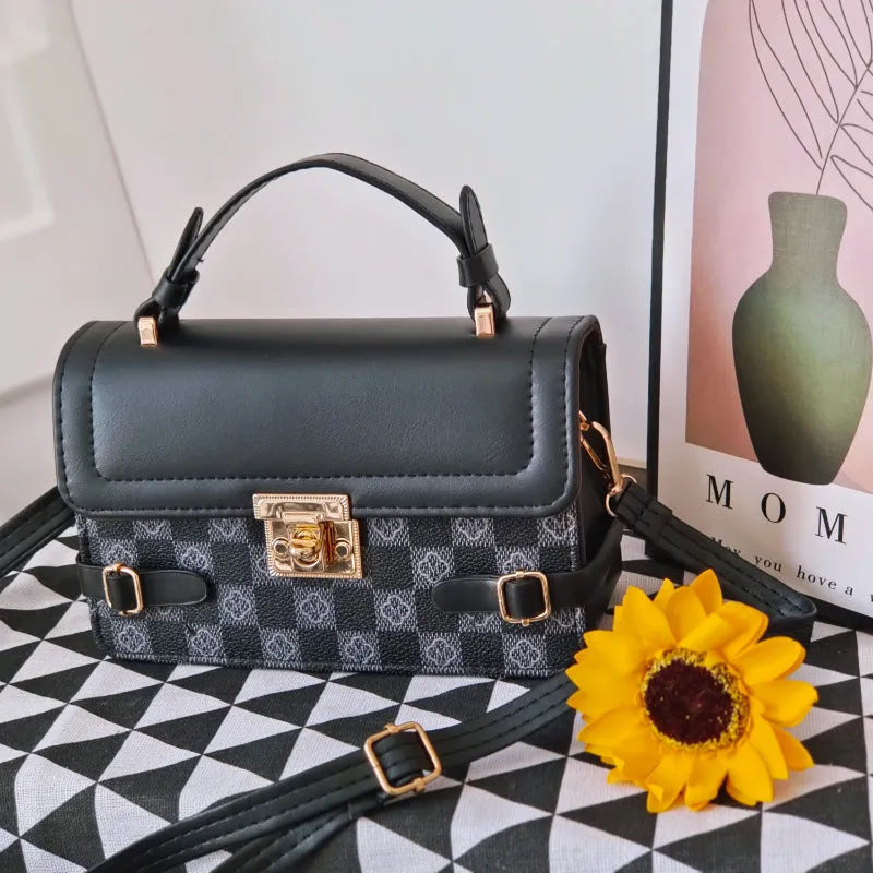 Retro small square pattern crossbody bag in apricot colour, showing horizontal square shape and stitching detail.