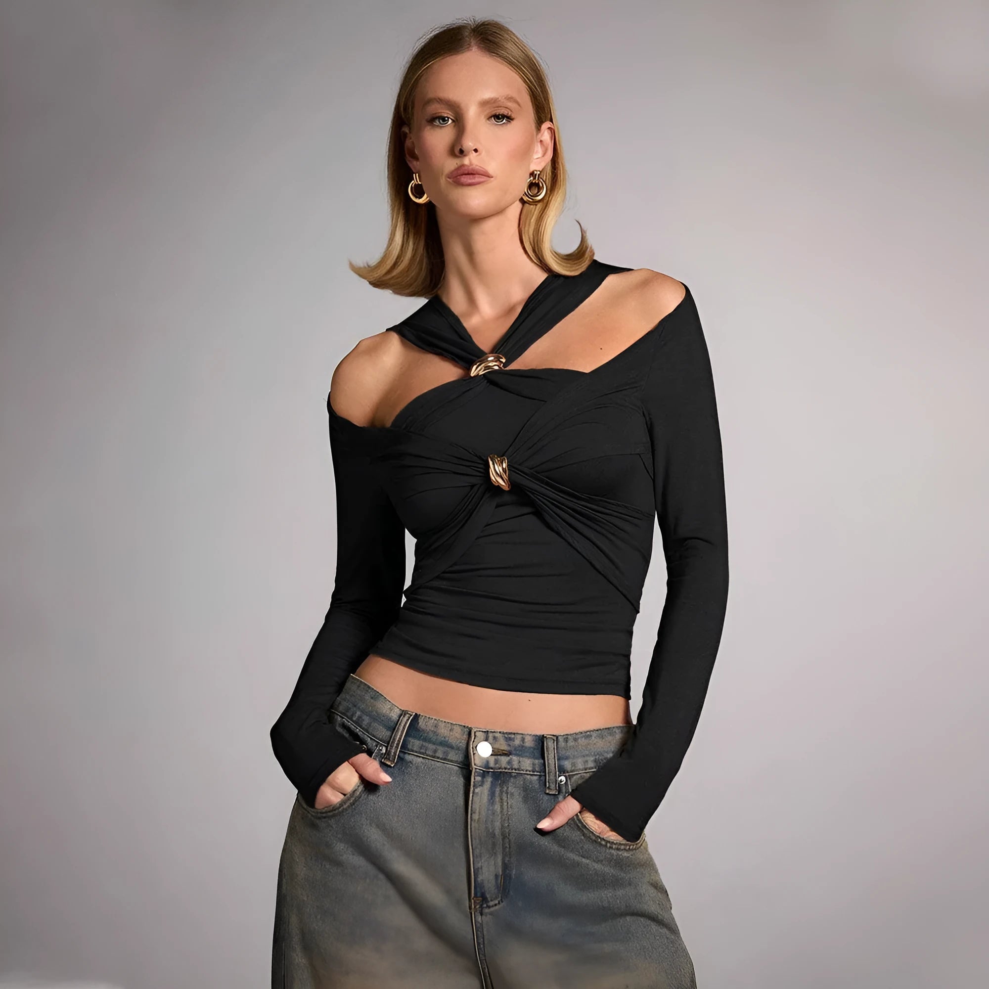 Black women's halter top with strapless neckline and long sleeves