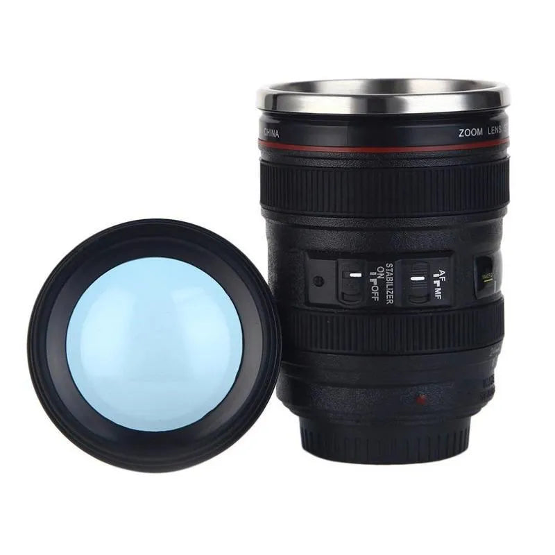 Stainless steel camera lens travel mug with 400ml capacity, black colour, and straight cup style