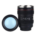 Stainless steel camera lens travel mug with 400ml capacity, black colour, and straight cup style