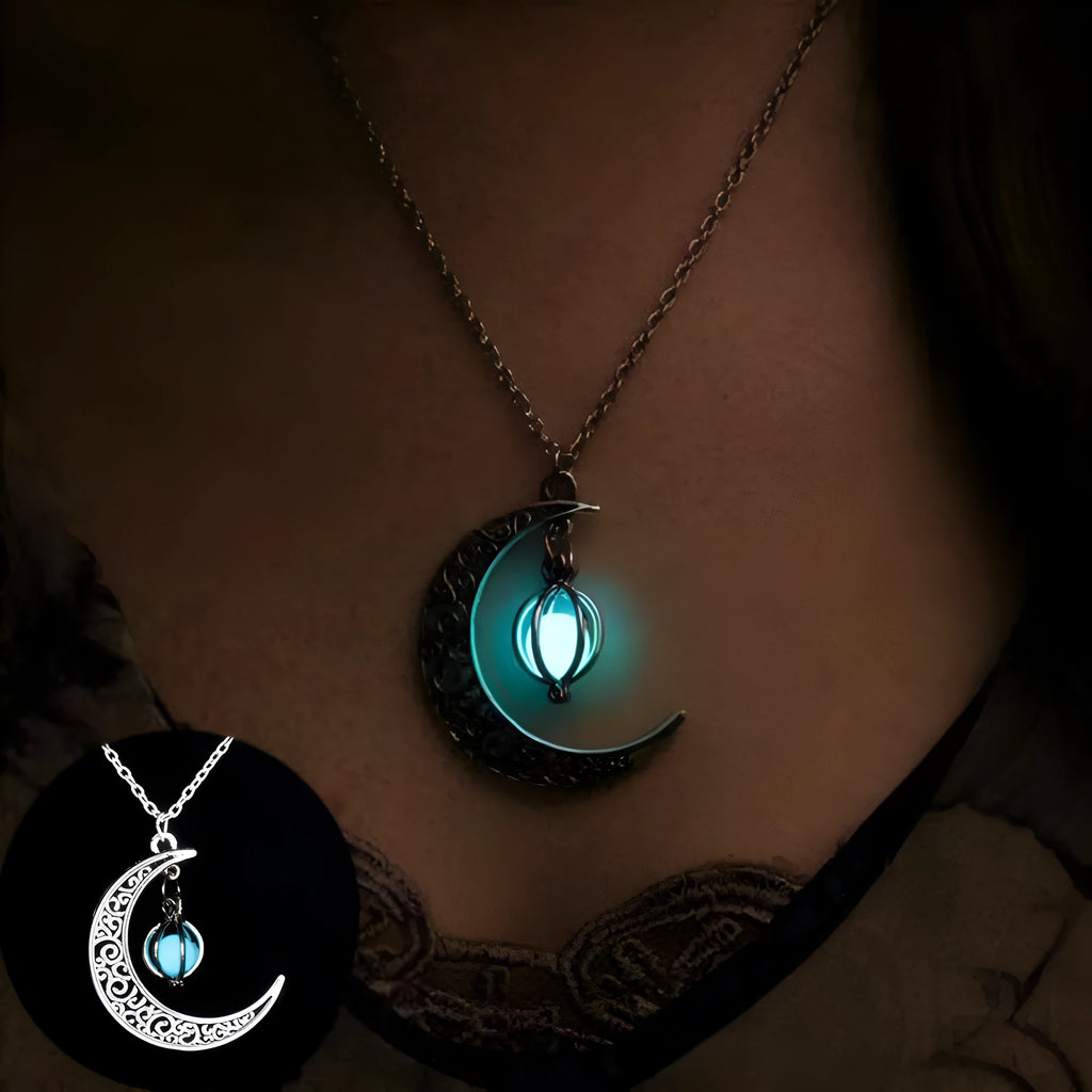 Fashion moon pendant necklace with glowing fluorite stone on bamboo chain, alloy and copper, sky blue colour