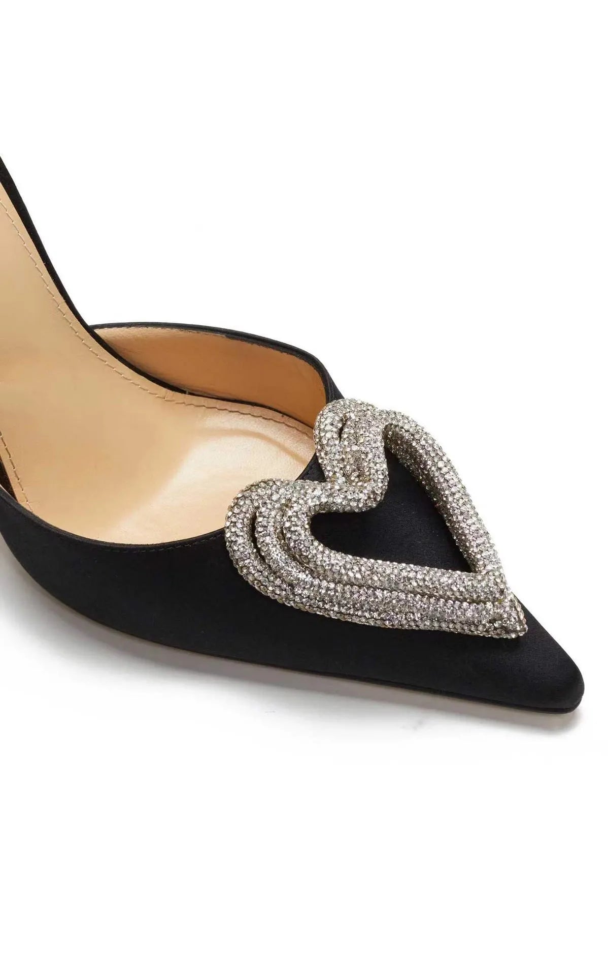 Women's pink satin sandal with heart-shaped rhinestone detail and pointed toe holder on a rubber sole.