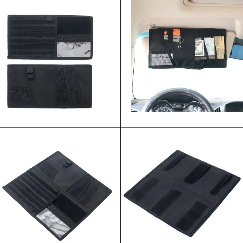 Black 1000D nylon car sun visor organizer measuring 36x35cm with storage compartments