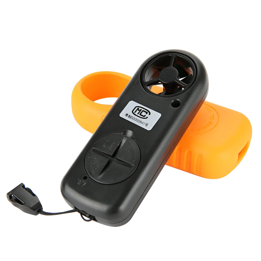 Orange digital portable wind speed measuring instrument showing display and compact handheld design