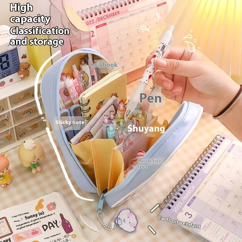 Large transparent PVC pencil case with a vertical cartoon dog design, zippered closure.