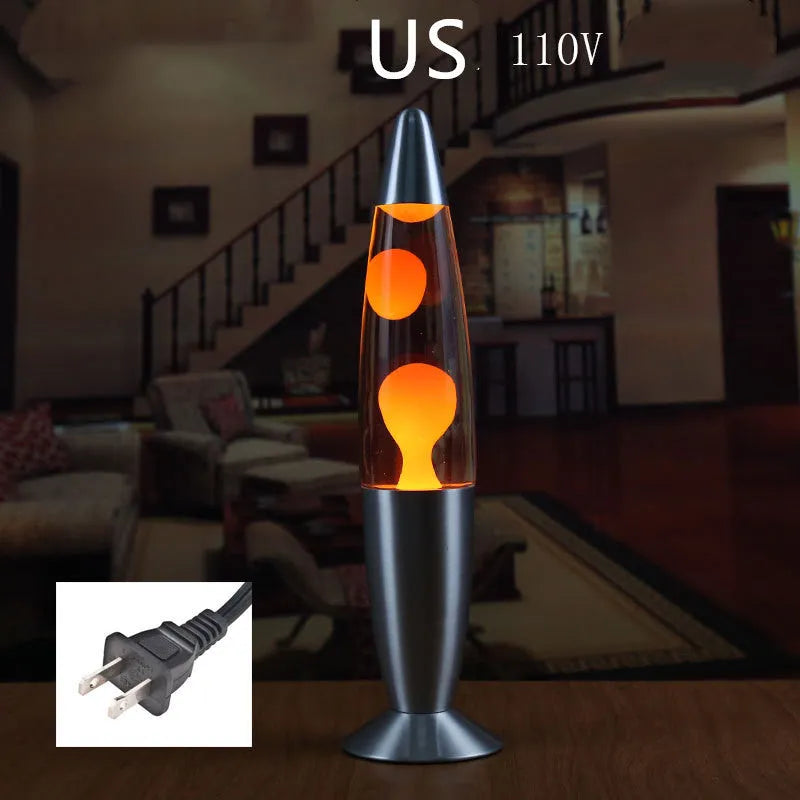 Blue lava lamp with metal base and glass bottle showing wax rising in heated liquid