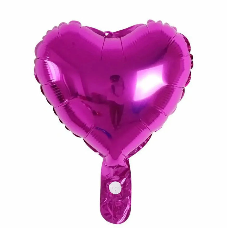 Five peach heart shaped aluminum balloons in sparkling red, blue, rose, and silver colours