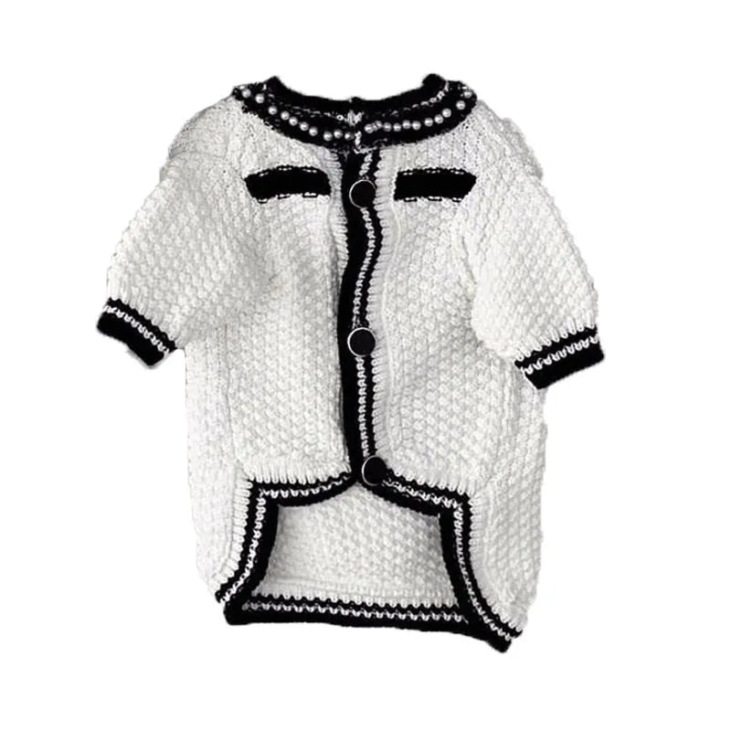 Korean style white pearl collar dog sweater on small puppy showing princess-style pet clothing