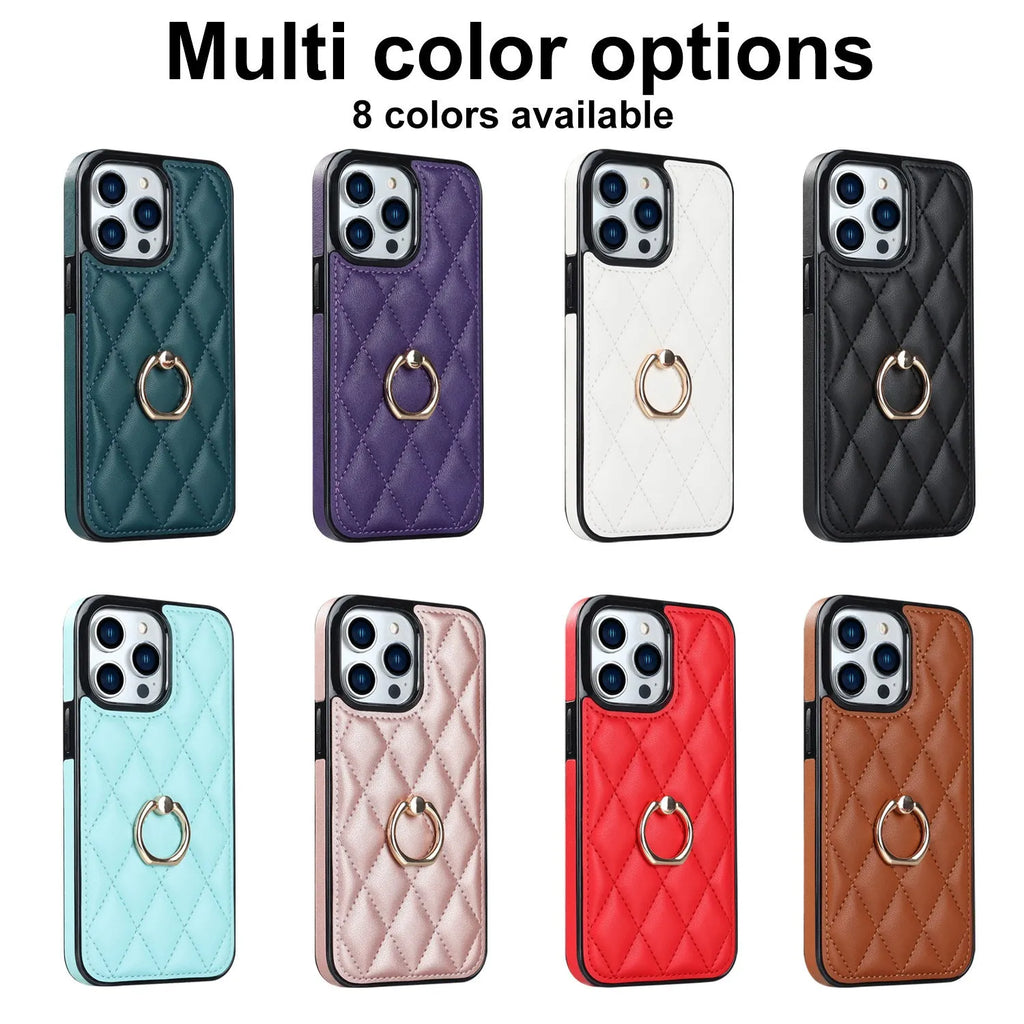 Flip leather phone case with ring bracket, card slot, and magnetic suction in black for Apple iPhone
