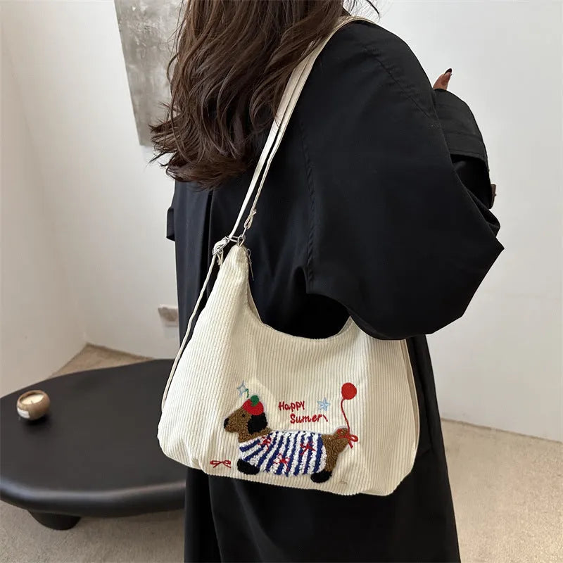 Retro large capacity women's tote bag with double shoulder straps in blue and white colours
