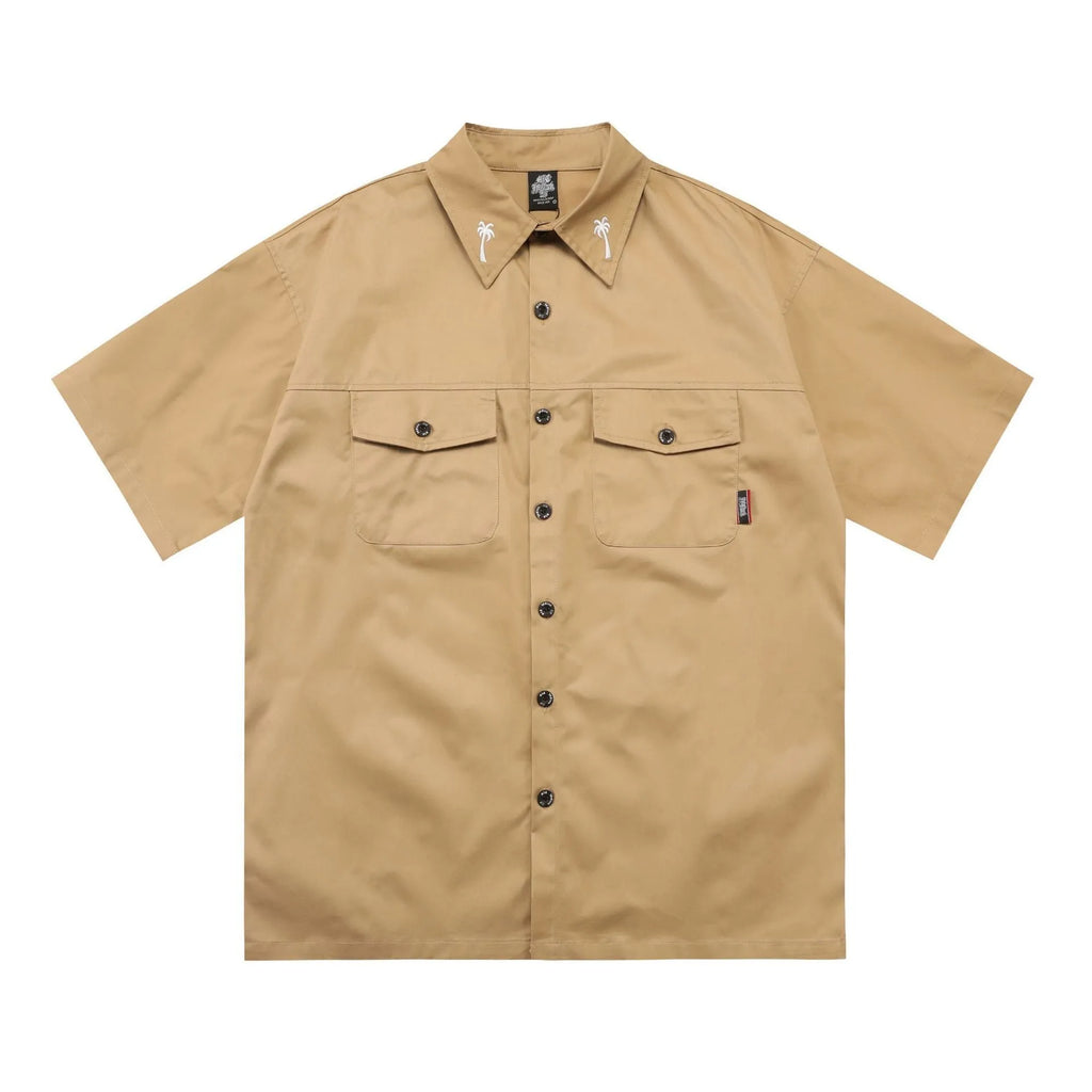 Men's black cotton blend work shirt with embroidery and pocket, loose fit plus size half sleeve design