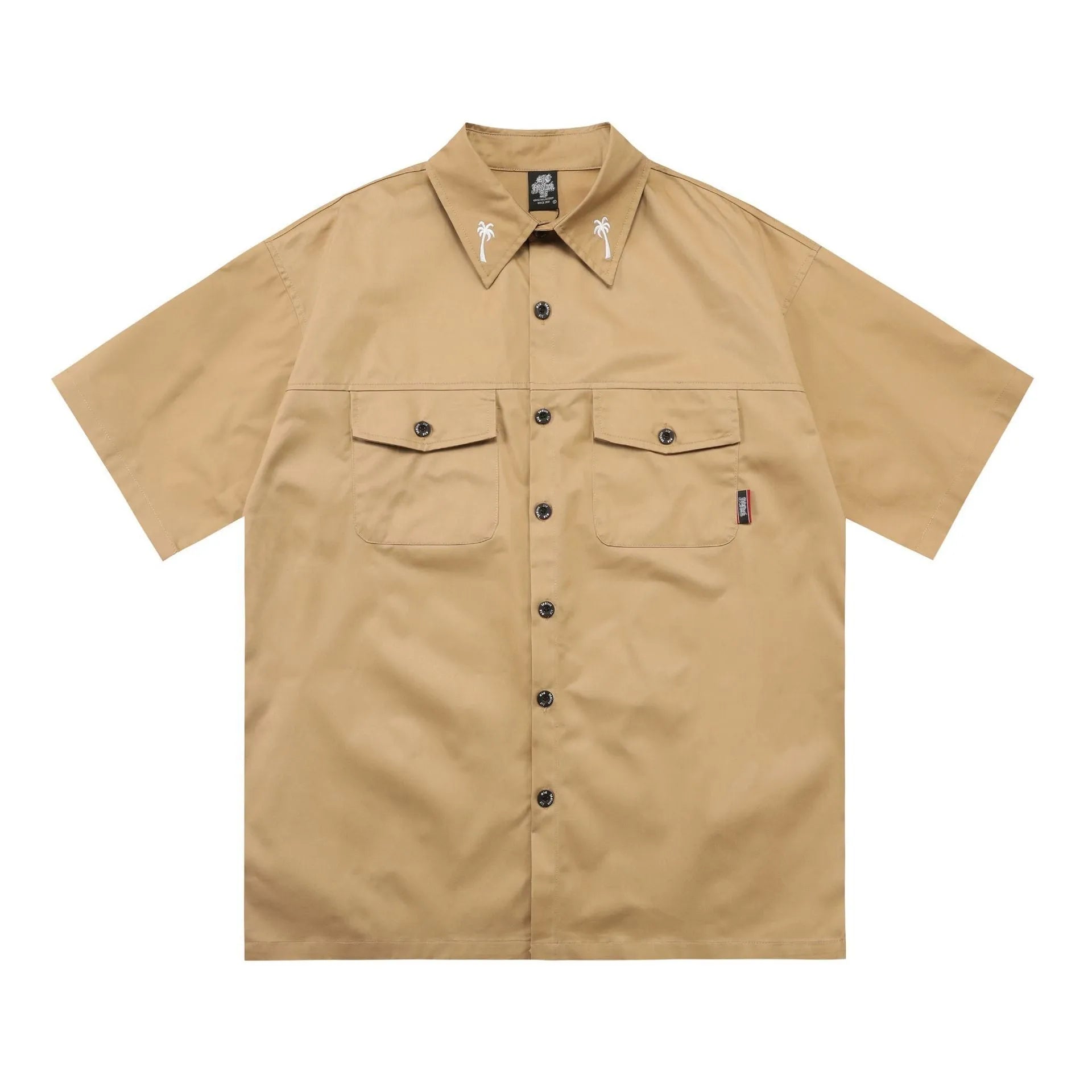 Men's black cotton blend work shirt with embroidery and pocket, loose fit plus size half sleeve design