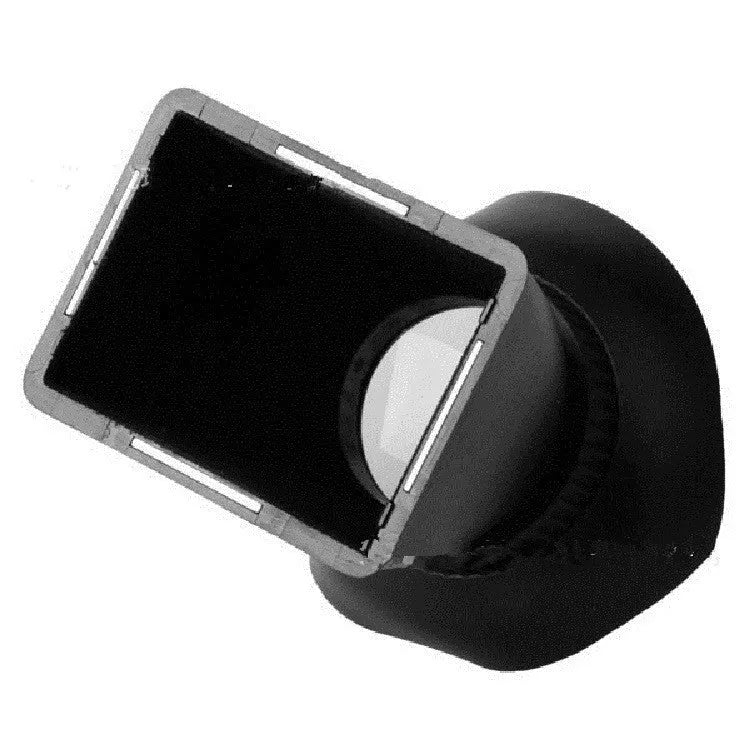 Black camera viewfinder magnifier with magnetic mount attached to a DSLR LCD screen.