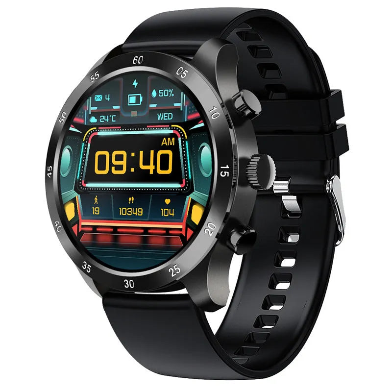 Black steel Bluetooth smart watch for iPhone with heart rate monitor on a wrist