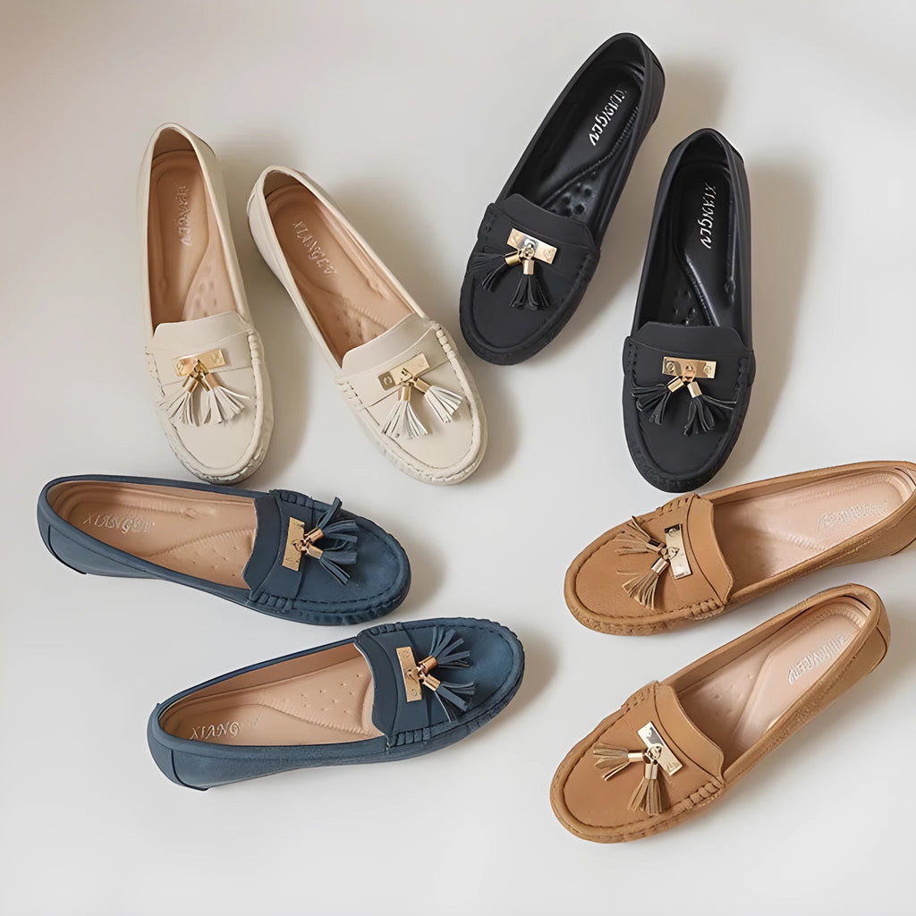 Flat heel increasing insole casual work shoe covers in beige, black, blue and brown with round toe.