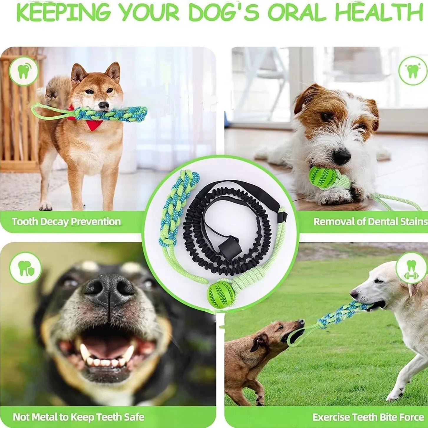 Green cotton rope dog tug toy with a knotted rubber chew ball in the centre.