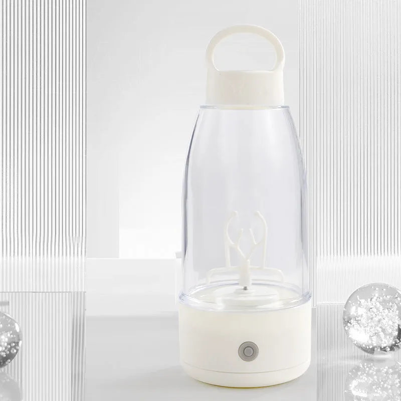 Automatic electric shaker bottle with USB charging port and handle in green, pink or white.