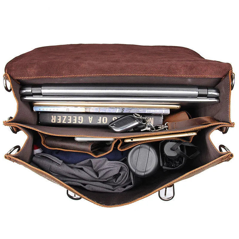Crazy Horse leather tote bag in brown black, horizontal square shape, 42cm long
