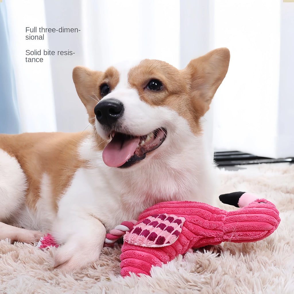 Pink animal-shaped corduroy plush dog toy with a squeaker inside.