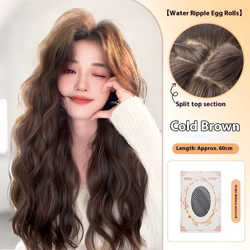 Full-head synthetic wig with long curly hair and side bangs in brown black colour.