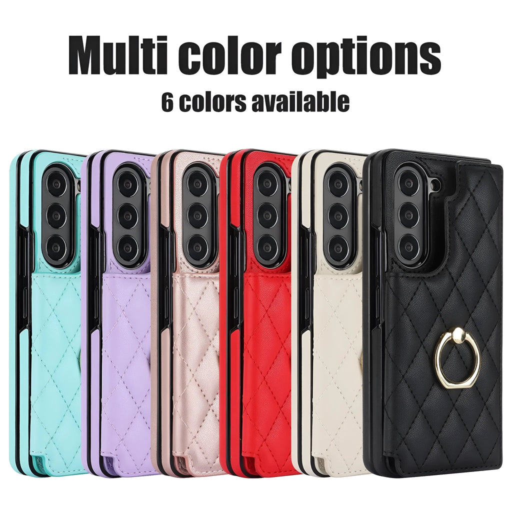 PU leather folding phone case for Samsung Z Fold 5, 4, 3 and 6 with ring stand and double buckle in black, blue, purple, red, rose gold or white